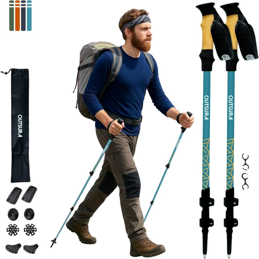 Outsura Trekking Poles for Hiking - Lightweight Collapsible Aircraft-Grade Aluminum Hiking Poles with Cork Grip & Quick Lock - Pair of 2 Walking Sticks with All Terrain Accessories