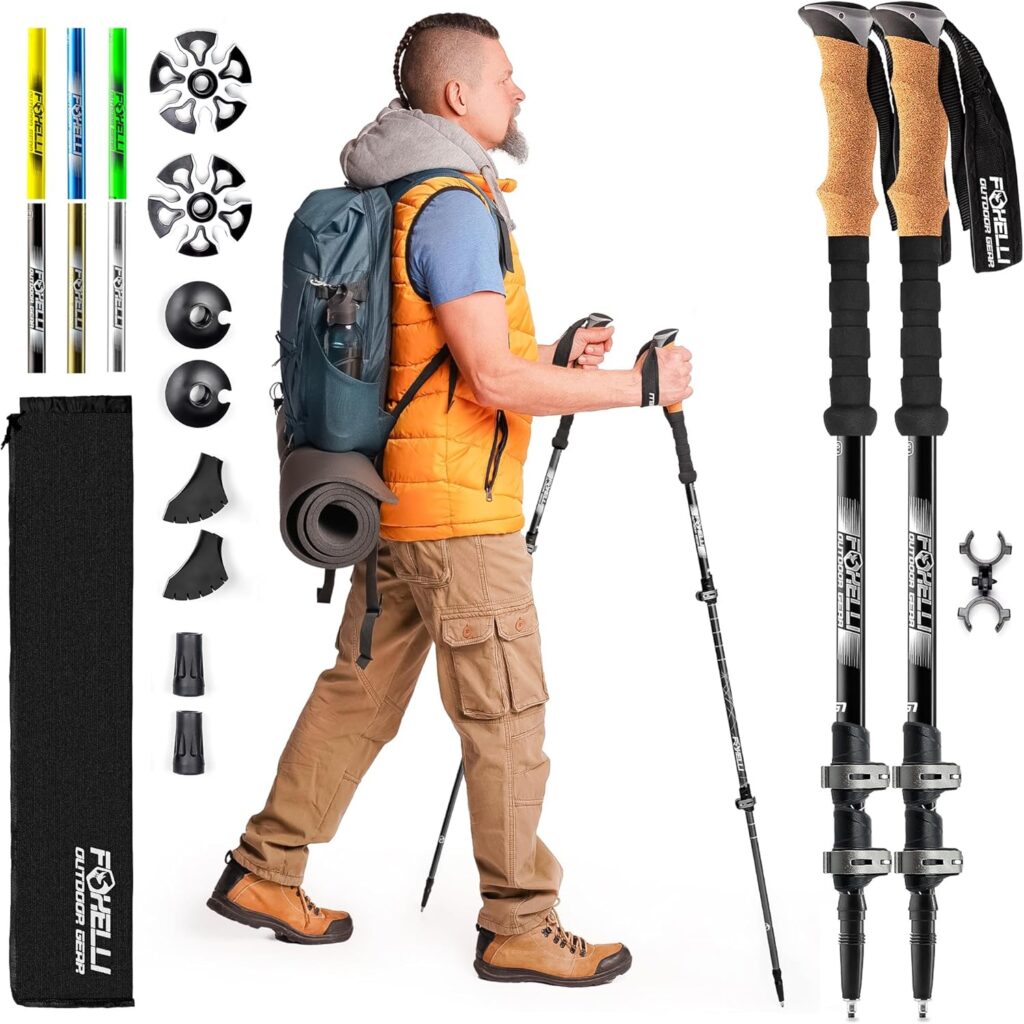 Foxelli Trekking Poles – Lightweight Collapsible Aircraft Grade Aluminum Hiking Poles with Cork Grips Quick Locks & All-Terrain Accessories – Pair of 2