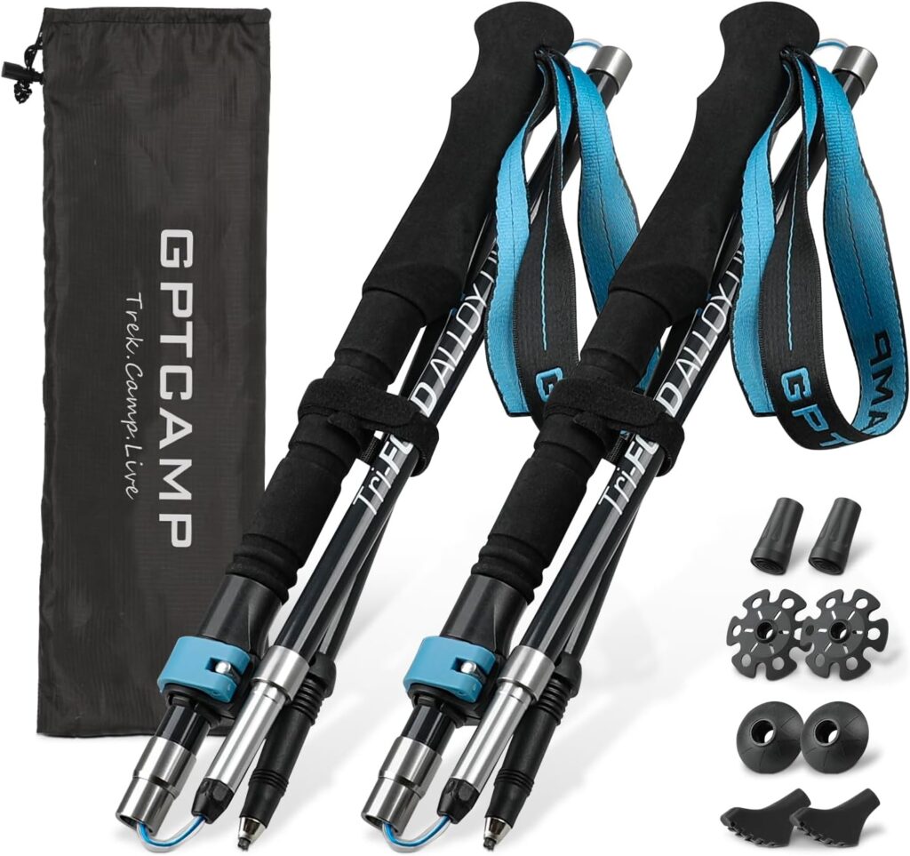 GPTCAMP Walking Sticks Collapsible Hiking Poles,Lightweight Trekking Poles Made of Carbon -Aluminum,2pcs Folding Halking Stick for Men & Women,with Extra-Long Foam Handle and Flip Lock,Blue