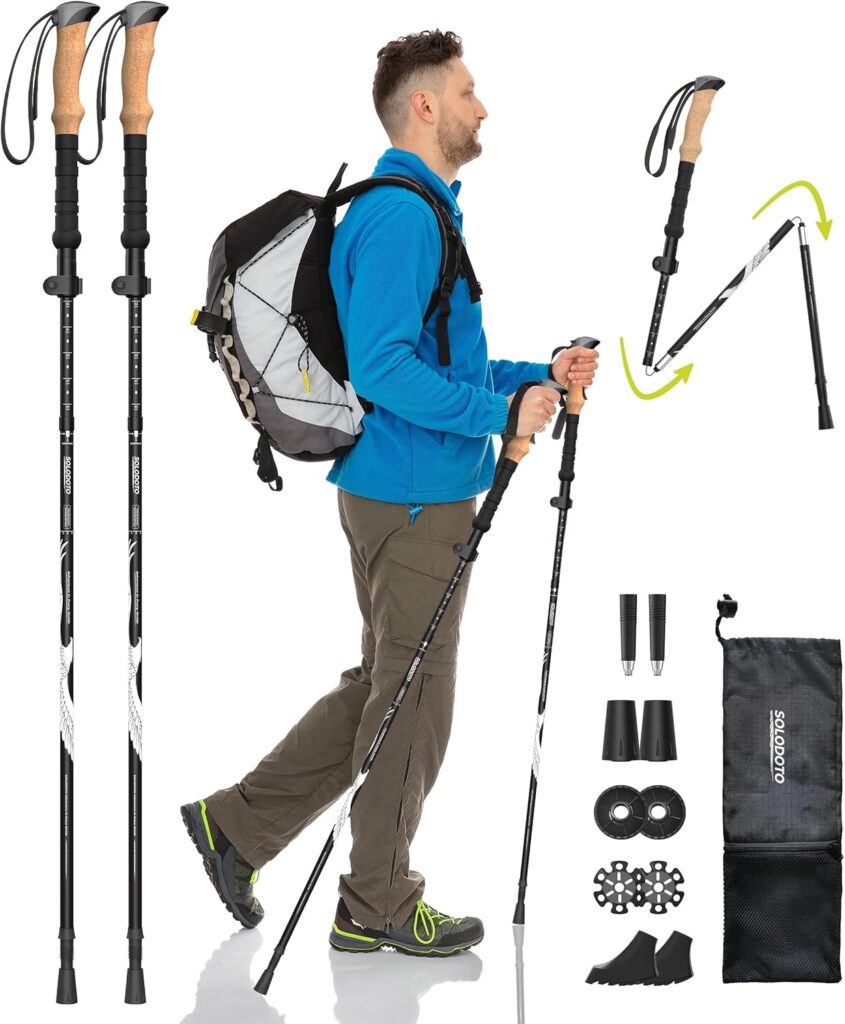 7075 Hiking Poles Collapsible Lightweight, Aircraft-Grade Aluminum Trekking Poles, Adjustable Hiking Sticks with Cork Grip, Folding Walking Sticks for Women Men Seniors, 2PC, Black